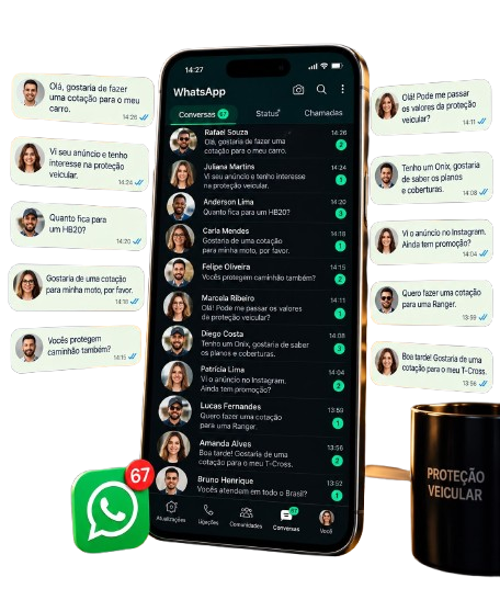 WhatsApp com 67 conversas de clientes pedindo cotação de proteção veicular